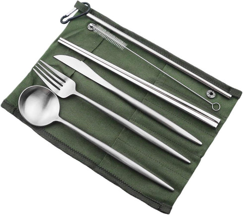 Reusable Travel Utensils, 7 Pieces Portable 18/10 Stainless Steel include Knife Fork Spoon Chopsticks Cleaning Brush Straws Portable Pouch, Eco-friendly Camping Silverware Set, Dishwasher Safe by Gugrida