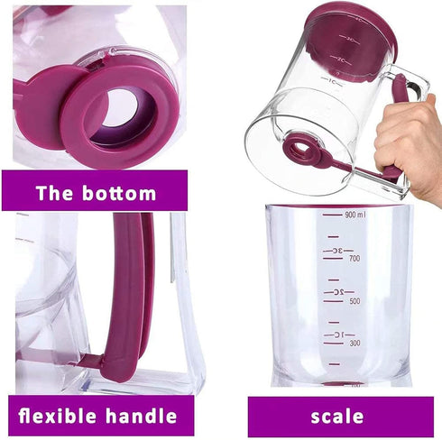 4 Cup Pancake Cupcake Batter Dispenser - 900mL with Measuring Label, Squeeze Handle, Silicone Brush for Baked Goods
