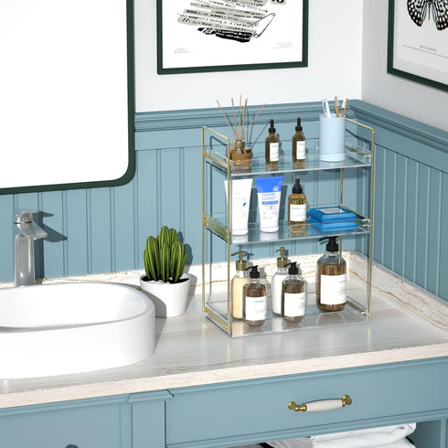 Bathroom Countertop Organizer, Gold 3 Tier Acrylic Vanity Tray Shelf for Skincare, Makeup, Lotion, Perfume, Spice