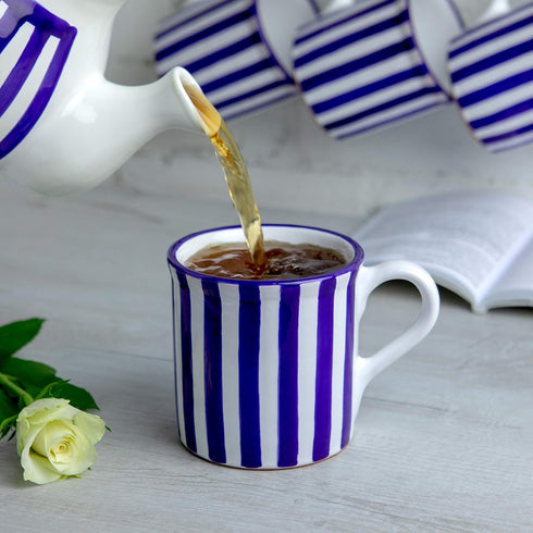 City to Cottage Handmade Dark Navy Blue Stripe Ceramic Extra Large Mug, 17.5oz/500ml for Hot Chocolate, Coffee