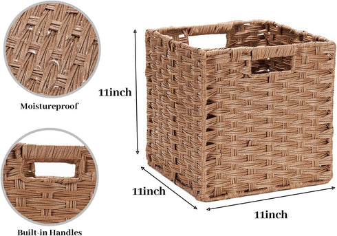 DULLEMELO Wicker Storage Baskets, 11x11 Cube Bins, Foldable Plastic Cubby Baskets Set of 2 for Organizing, Brown