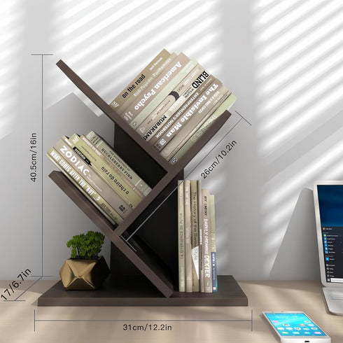 3-Tier Godferyxin Tree Bookshelf, Wood Small Bookshelf and Mini Bookcase for Office, Home or School Desk Book Shelf
