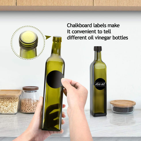 AOZITA 500ml Glass Olive Oil Dispenser Bottle Set - Dark Green Cruet with Pourers, Funnel, Labels, 17 Oz (Pack of 2)