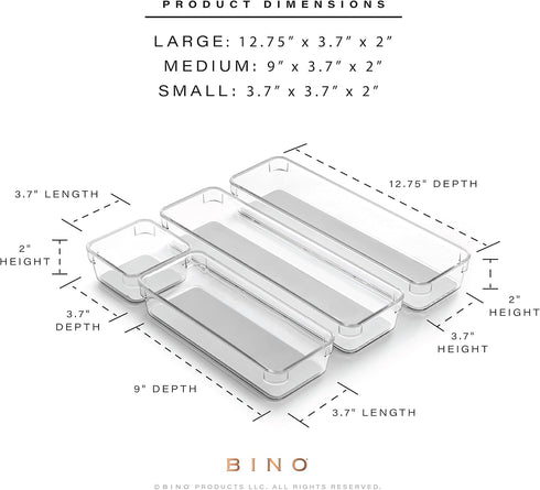 BINO 4-Piece Drawer Organizer Bin Set, Small Grey, Multi-Purpose Storage with Soft-Grip Lining, Non-Slip Feet