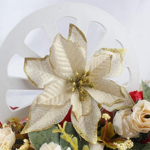 12pcs Glitter Poinsettia Christmas Tree Ornament - Artificial Wedding Flowers for Xmas Tree Wreaths Decor (Red and Gold)