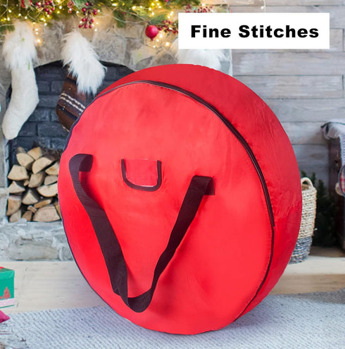 TQS Large Christmas Wreath Storage Bag - 30 Inch, Red Cotton, Zipper Closure, Reinforced Handles, Ideal for Decorations