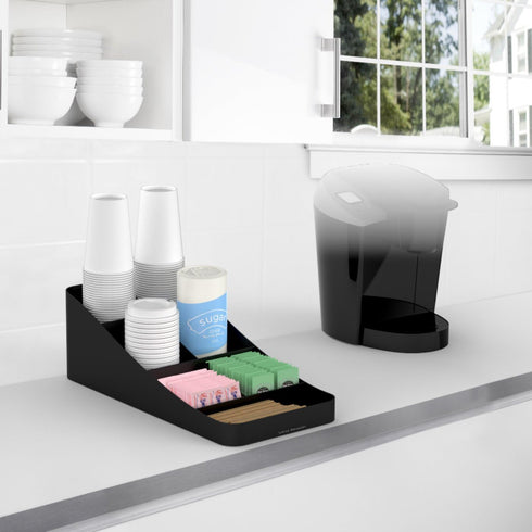 Mind Reader Cup and Condiment Station, Countertop Organizer for Coffee Bar, 7.25"L x 15.5"W x 5.25"H (Black)