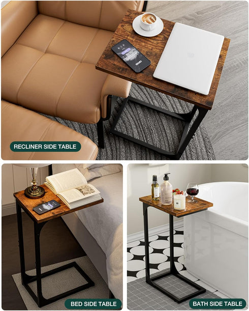 C-Shaped Side Table for Couch - Small Coffee Stand Sofa Tray Desk with Metal Frame and Waterproof Scratch Resistant