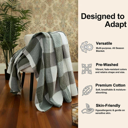 4-Layer 100% Checkered80 90" Muslin Cotton Blanket, Fluffy Breathable Soft Bed Blankets for Couch, Adults Lightweight