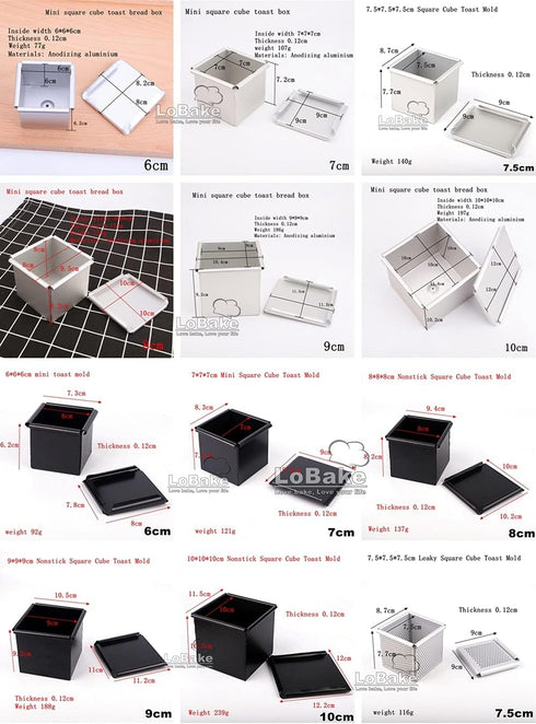 Square Cube Smooth Nonstick Leaky Anodizing Aluminium Bread Box Mold with Lid, 6 7 8 9 10cm Cake Toast Maker