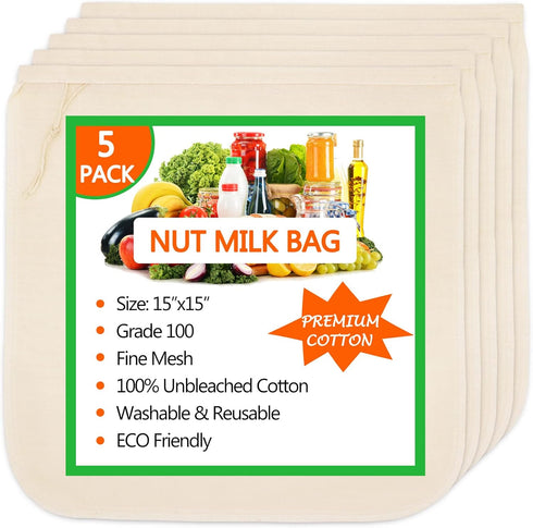 Huppar 5 Pack Nut Milk Bag 15"x15", Cheesecloth bags for Straining Reusable, 100%