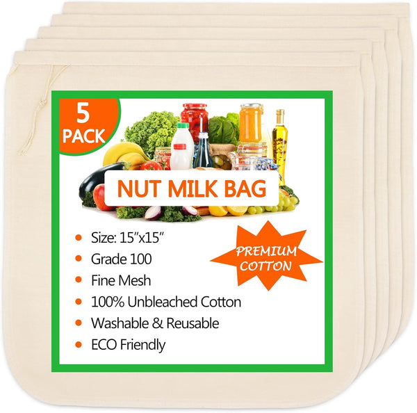 Huppar 5 Pack Nut Milk Bag 15"x15", Cheesecloth bags for Straining Reusable, 100%