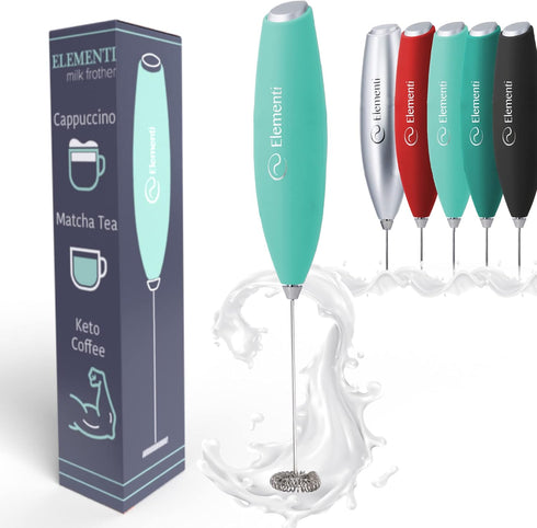 Elementi Milk Frother Wand - Powerful Handheld Electric Whisk & Mini Mixer for Coffee, Frappe, Latte, Matcha (Mint