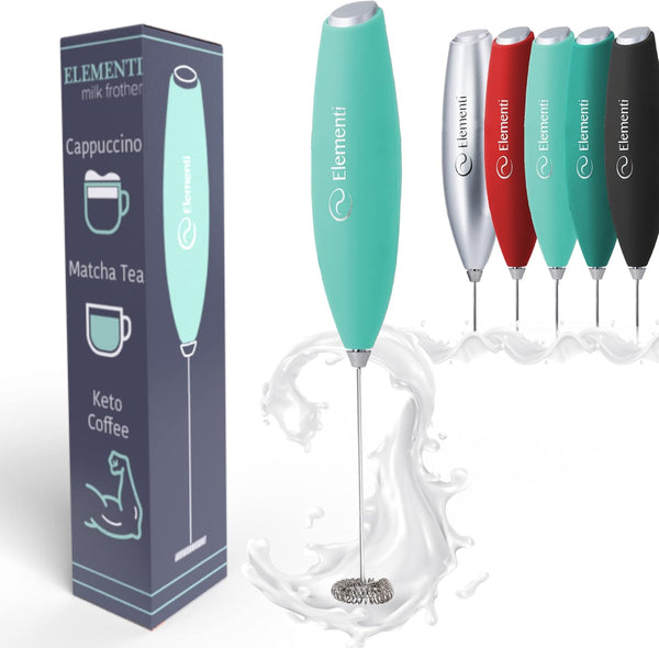 Elementi Milk Frother Wand - Powerful Handheld Electric Whisk & Mini Mixer for Coffee, Frappe, Latte, Matcha (Mint