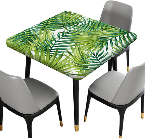 RenteriaDecor Summer 42"x42" Square Palm Leaves Fitted Tablecloths, Watercolor Tropical Plant Leaf Print Elastic Edged