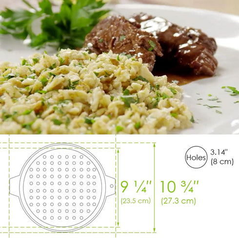 Stainless Steel Spaetzle Maker Pan with Lid & Scraper, Traditional German Egg Noodle Strainer
