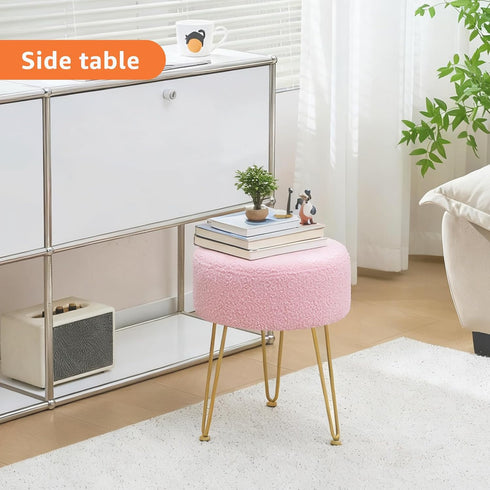 WROCFURSTAR Vanity Stool, Teddy Velvet Ottoman Foot Stool, Dressing Table Seat with Metal Leg Vanity Chair for Bedroom