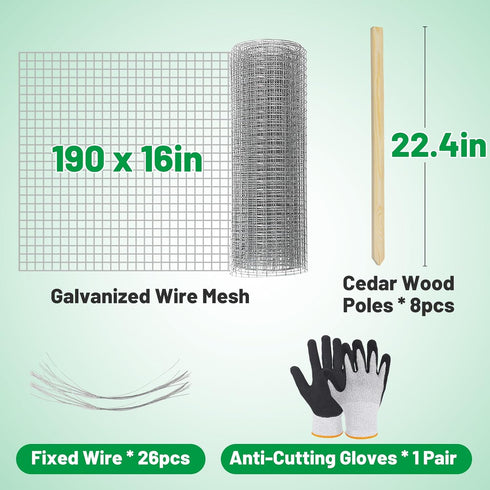 Set 15.8ft 16in 8pcs Ease to Install Garden Fence Animal Barrier - Included x Rustproof Metal Wire Net, Cedar Stakes