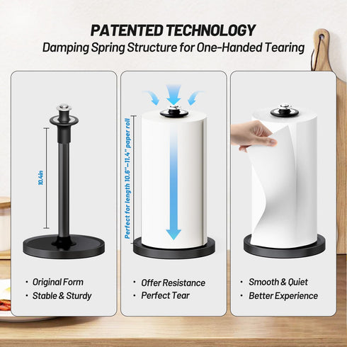 VEHHE Paper Towel Holder, Easy Tear Paper Towel Holder Countertop with Unique Damping Spring Structure, Stainless Steel Paper Towels Holder with Weighted Base and Suction Cups for Kitchen Bathroom