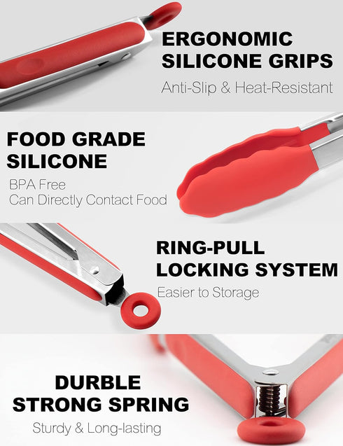 Anaeat Non-Stick Silicone Locking Tong Set of 3 - 7", 9" and 12" Kitchen Food Tongs with Non-Slip Tips, Heat Resistant