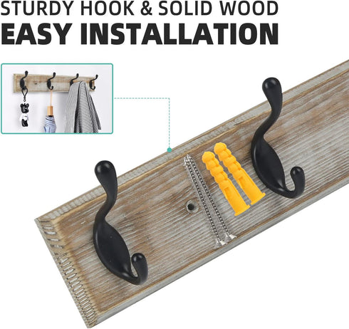 Coat Rack Wall Mounted, Entryway Coat Rack with 4 Rustic Hooks, 17” Vintage Pinewood Hanger for Keys