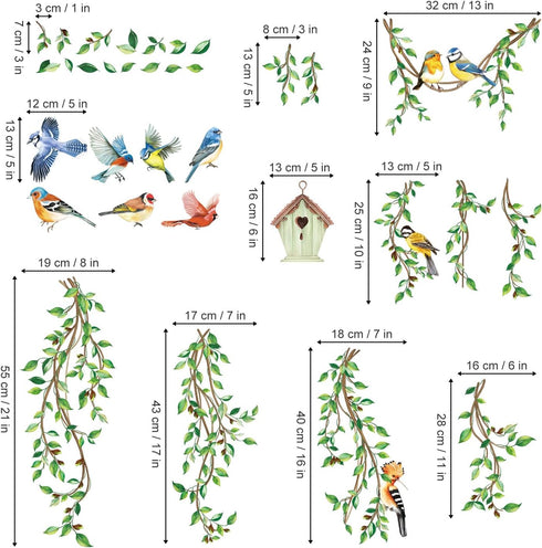 decalmile Spring Summer Hanging Green Vine: Double Sided Window Clings with Birds and Tree Leaves