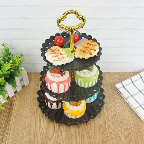 Artliving 3-Tier Plastic Cake Stand Dessert Stand, Cupcake Stand Tea Party Serving Platter, Black Gold
