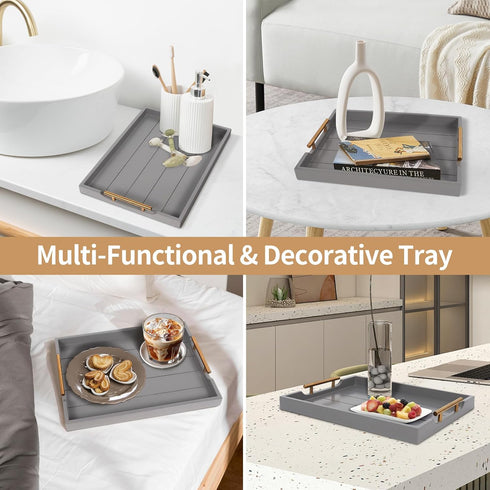 2 Sets 4 SXNOWS Wooden Serving Tray with of Handles,Large Ottoman Tray for Living Room, Rectangular Wood Tray