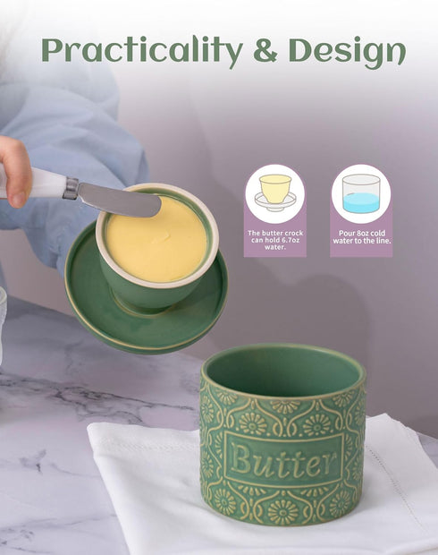 6.7oz TEATALK Ceramic French Butter Crock - Vintage Relief Pattern Butter Keeper with Water Seal, Green Butter Dish