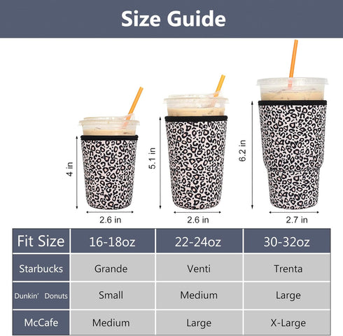 3 Pack Reusable Iced Coffee Sleeves - Xumbtvs Insulator Sleeve for Cold Beverages, Leopard Print