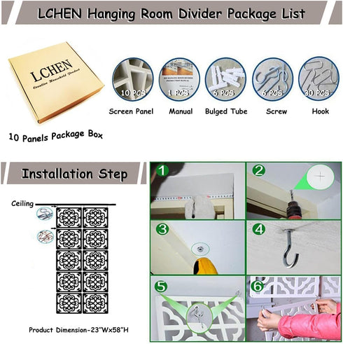 Lchen Hanging Room Divider - 10 Pieces Wood-Plastic Hanging Panels 0.2“ Thick Screen Panel for Living Room Bedroom Home