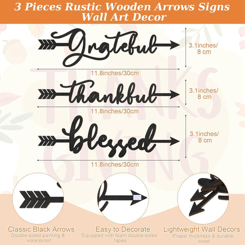 Yookeer 3 Pcs Thankful Grateful Blessed Letter Sign Wood Cutout Sculptures, Rustic Wall Decor for Home Kitchen