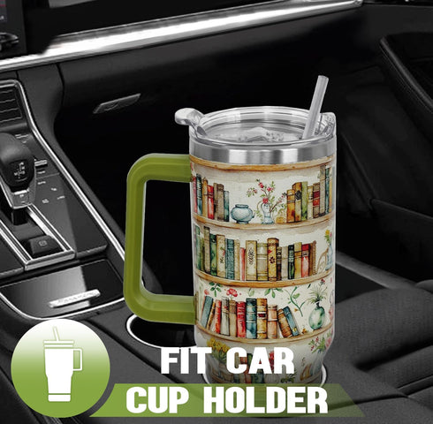 Nqhsionv 40oz Book Lovers Gifts Retro Bookshelf Tumbler Mothers Day Watercolor Flowers Bookworm Coffee Travel Mugs