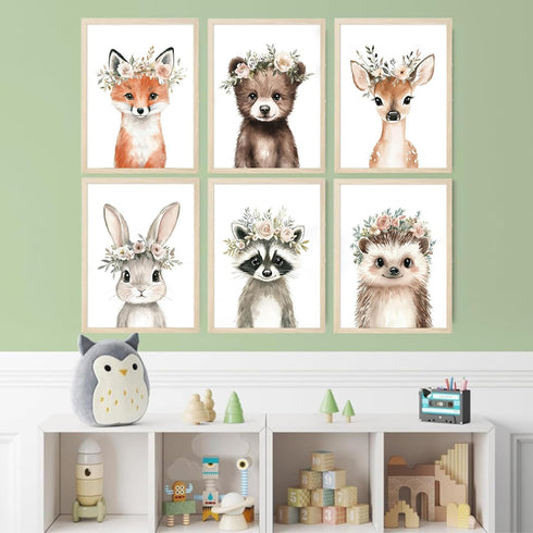 Baccone 8x10x6 Inch Woodland Animal Nursery Wall Art Decor Baby Girl Room Pictures Floral Crown Animal Canvas Wall Art