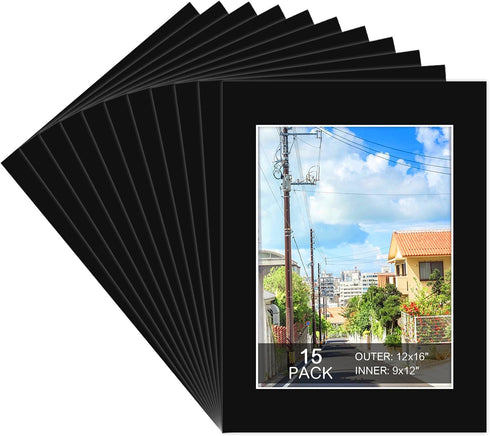 15 Pack 12x16 Black Picture Mats, Frame Mattes for 9x12 Pictures Display