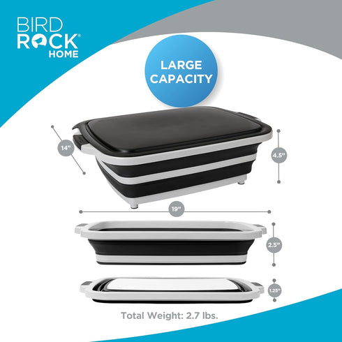 BIRDROCK HOME Collapsible Large BBQ Prep Tub with Cutting Board, Multi-Function Grill Caddy with Colander & Lid - Black