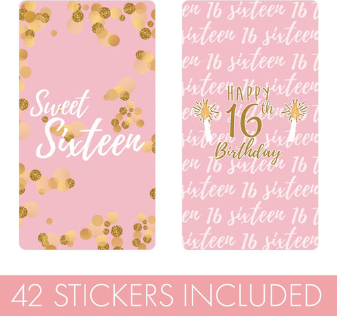 Pink and Gold Sweet 16 Birthday Party Mini Chocolate Candy Bar Wrappers - 42 Count, Sweet Sixteen Party Favor