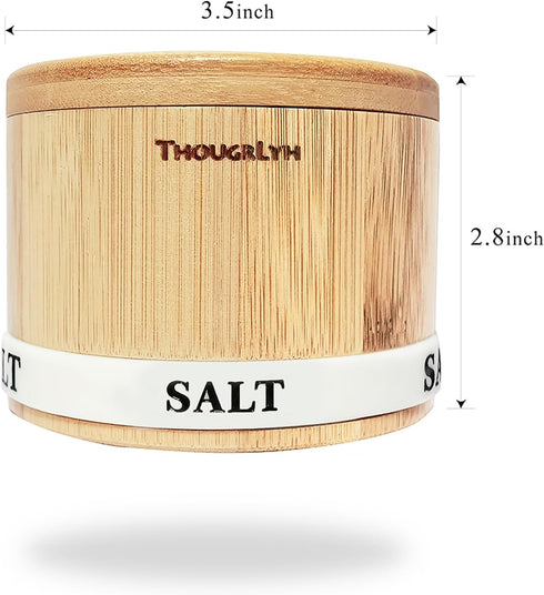 Salt Box Bamboo Salt Container with Swivel Lid and Spoon, Small Spice Cellar with Magnetic Seal - 8 oz Capacity
