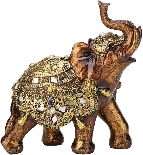 Golden Elephant Statue - Resin & Wood Grain Collectible Figurine, Feng Shui Lucky Sculpture for Home TV Cabinet