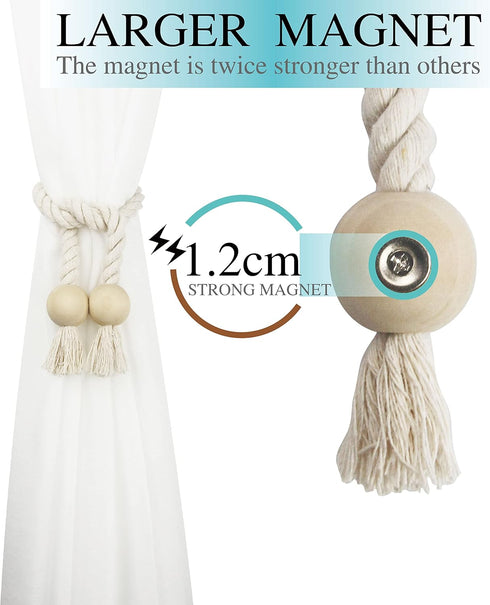2 Pack Cotton Hand Woven Magnetic Curtain Tiebacks, Decorative Rope Holdbacks for Curtains Draperies, No Tools