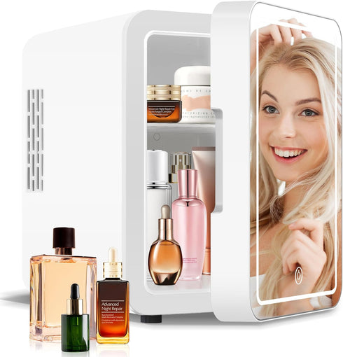 Mini Fridge Skincare with Dimmable LED Light Mirror, 4L/6Can Cooler & Warmer Mini Fridge for Skincare and Makeup,