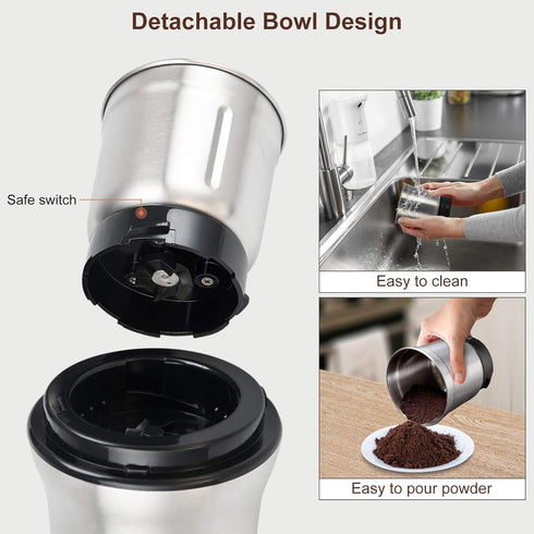 Secura Electric Coffee Grinder and Spice Grinder with 2 Stainless Steel Blades and Removable Bowls