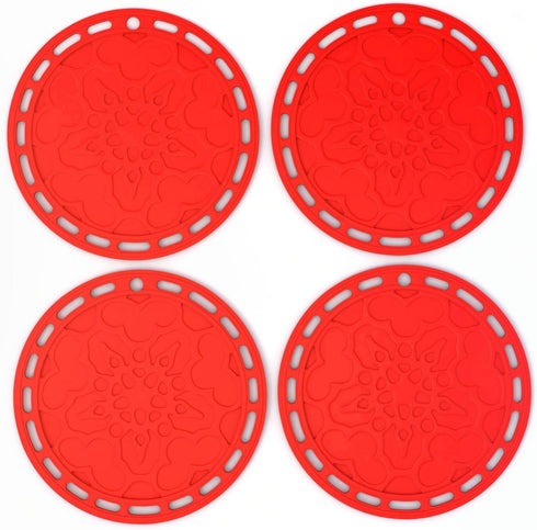 Silicone Hot Pads Set of 4 - 6 in 1 Multi-Purpose Kitchen Tool, Pot Holder, Microwave Cover, Jar Opener, Red, 8 Inches