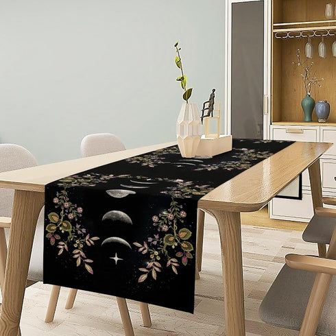 BenYaSong 13x60Inch Boho Floral Moon Table Runner, Cotton Linen Non-Slip Dining Table Runners Black Flower Wildflower