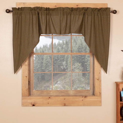 Tea Cabin Green Plaid Rod Pocket Cotton Kitchen Window Curtains, 36"x36"x16", Swag Pair