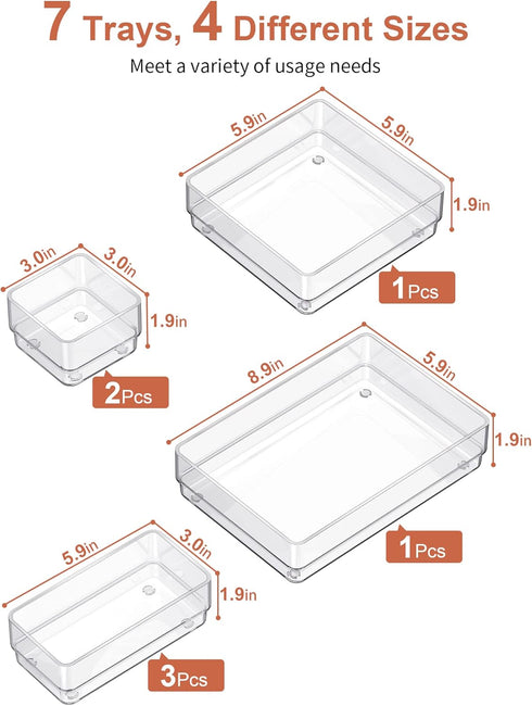SMARTAKE 7-Piece Drawer Organizer with Non-Slip Silicone Pads, 4-Size Desk Drawer Organizer Trays Storage Tray for Makeup, Jewelries, Utensils in Bedroom Dresser, Office and Kitchen (Clear)