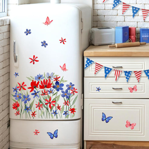 Mfault 4th of July Summer Wild Flower Patriotic Window Clings, 4 Sheets Red Blue Floral Butterfly USA Stickers for Decor