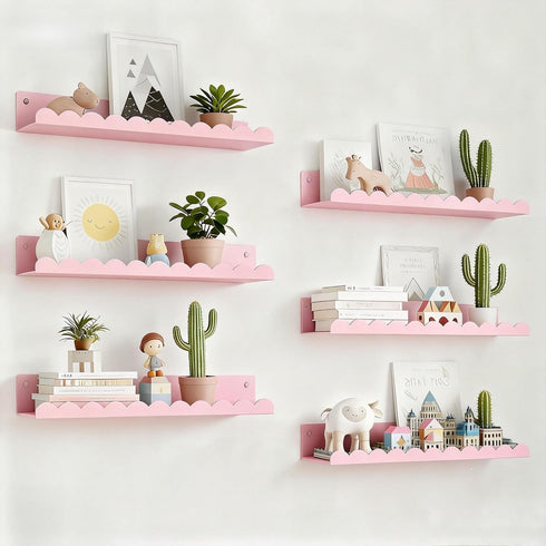 Set 6, 16 Inch Nursery Book Shelves of Pink Metal Floating Shelves for Wall, Scalloped Book Shelf for Kids Room