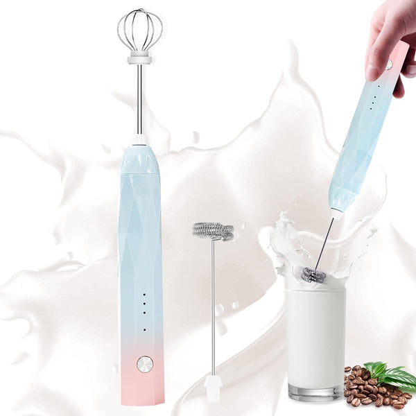 Rechargeable Milk Frother Handheld Electric Whisk Mixer with 2 Stainless Whisks, 3 Speed Adjustable Foam Maker for
