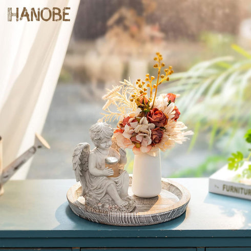 Set 2 Counter Hanobe Rustic Wooden Serving Tray of Round Wood Butler Decorative Tray Whitewash Centerpiece Candle